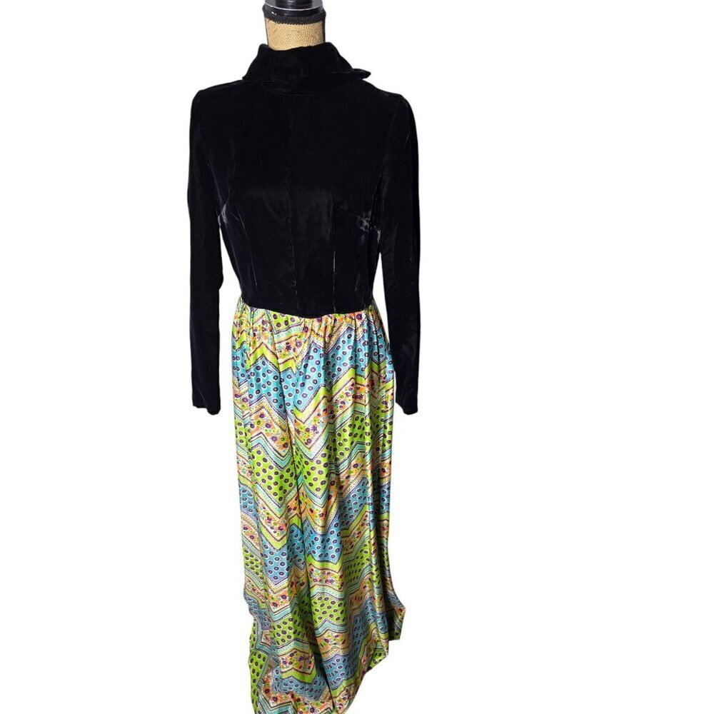 Vintage 1970s Black Velvet Psychedelic Long Sleeve Maxi Dress